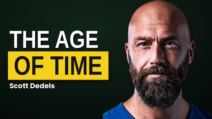 A thumbnail-style graphic featuring a bald, bearded man against a dark green background with bold text reading 'THE AGE OF TIME' and 'Scott Dedels'.