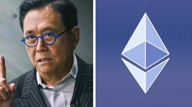 The image features a man wearing glasses and a suit, with his hand raised as if he's making a call. The background of the image shows an Ethereum logo against a blue sky. There are also words written below the image that read "Ethereum", which is related to the post about Robert Kiyosaki and Bitcoin.