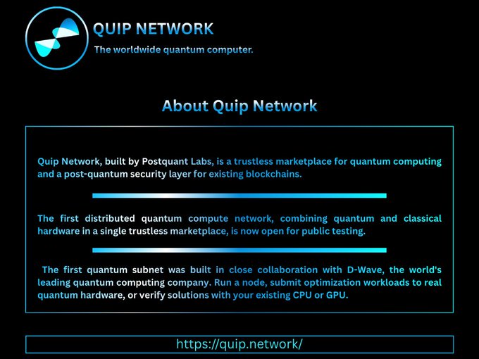 Promotional graphic for 'Quip Network' by Postquantum Labs, describing it as a worldwide trustless marketplace for quantum computing and post-quantum security, with link https://quip.network/.