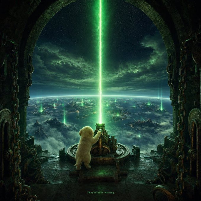 Digital artwork showing a small white bear figurine standing on a stone platform, reaching up toward a bright green beam of light piercing through clouds in a fantasy landscape, with text 'They've been waiting.'