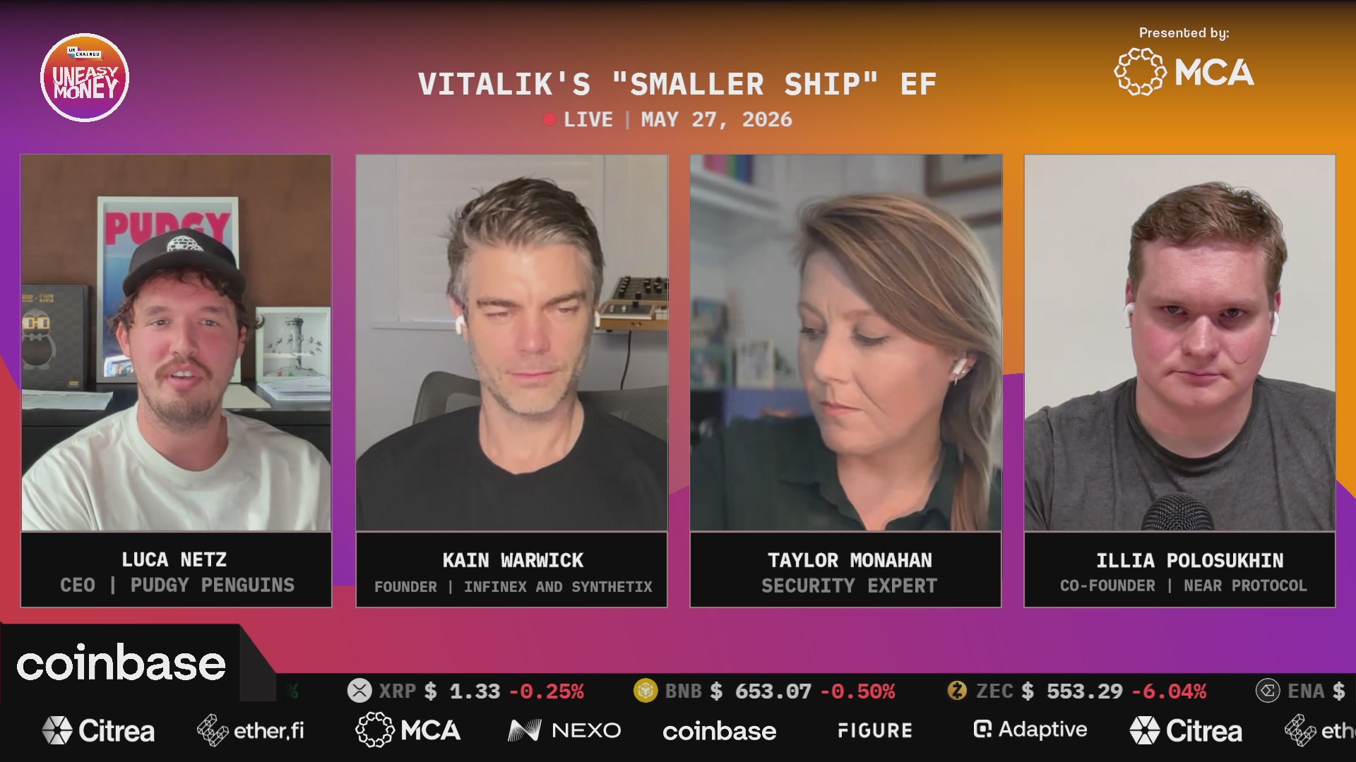 The image shows a group of four people sitting around a table, with their faces displayed on a computer screen. The text "Vitalik's 'smaller ship' ef" is visible, which could be related to the Ethereum Foundation or another blockchain-related project. The post also mentions that there are currently two ICOs (Initial Coin Offerings) in progress and that the Ethereum Foundation has been discussing the concept of decentralization with the Ethereum community.