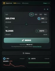 A mobile app interface showing crypto balances, including 289.5748 ORO and 16.3405 USDT, with a 'Bridge' button and a transaction history.