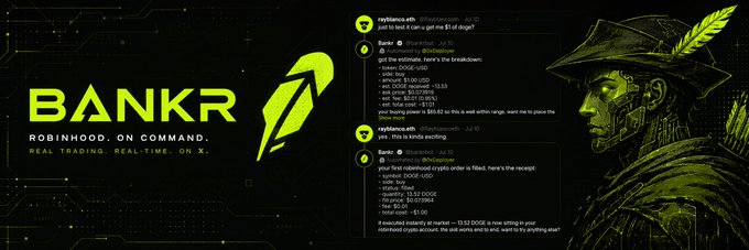 A promotional banner for 'BANKR - ROBINHOOD, ON COMMAND' featuring cryptocurrency trading tweets, a green feather quill logo, and a hooded character in green tones.