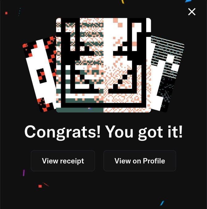 A digital graphic featuring stylized, glitched QR-code-like patterns with the text 'Congrats! You got it!' and two buttons labeled 'View receipt' and 'View on Profile.'