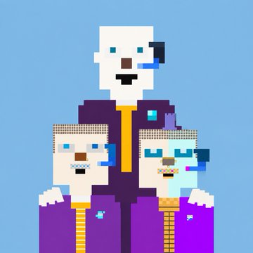 A pixel art image depicting three stylized characters with dog-like features wearing purple and white outfits with gold accents against a light blue background.