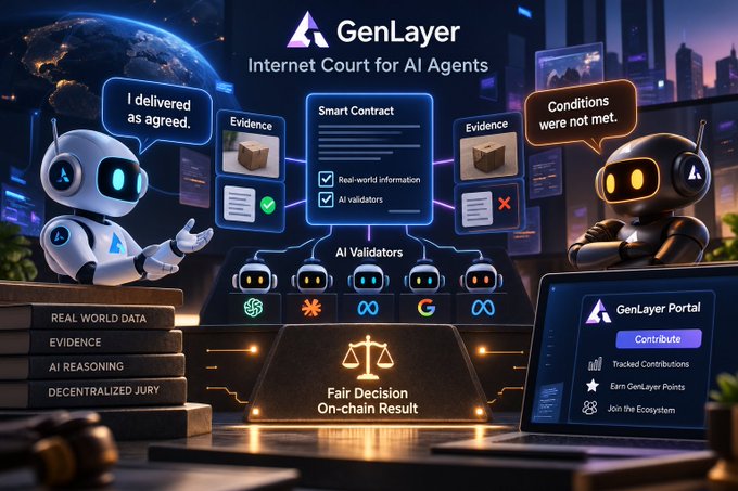 A promotional graphic for 'GenLayer' titled 'Internet Court for AI Agents,' showing two AI robots disputing a smart contract with evidence, AI validators, and a laptop displaying the GenLayer Portal.