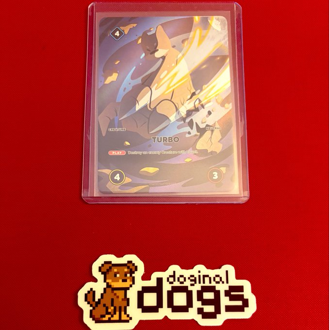 A Pokemon trading card labeled 'TURBO' in a protective sleeve rests on a red surface above a 'dosinol dogs' logo featuring a pixelated dog illustration.