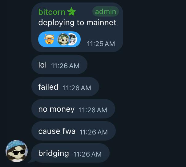 A Discord chat screenshot from 'bitcorn' (admin) saying 'deploying to mainnet,' followed by messages 'lol,' 'failed,' 'no money,' 'cause fwa,' and 'bridging.'