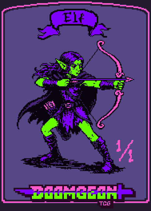 A retro pixel-art trading card featuring a green-skinned archer character labeled 'Elf' in purple, with 'DoomCoin TCG' branding and a '1/1' marker.