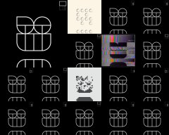 A dark collage of multiple small images and diagrams, including glassware, patterned squares, and what appears to be a stylized 'M' logo.