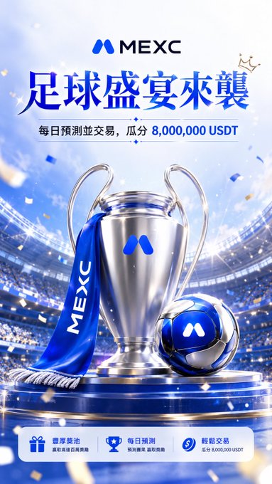 MEXC promotional banner in Chinese featuring a UEFA Champions League-style trophy and soccer ball, advertising a football prediction trading event with a daily prize pool of 8,000,000 USDT.