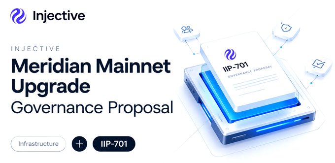 A promotional graphic for 'Injective Meridian Mainnet Upgrade Governance Proposal (IIP-701)' featuring the Injective logo and an illustration of a document labeled 'IIP-701 GOVERNANCE PROPOSAL' on a blue-lit device, tagged with 'Infrastructure'.