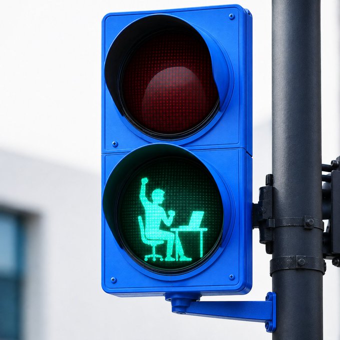A blue pedestrian traffic signal shows a red unlit top light and a green illuminated bottom light displaying a figure celebrating at a desk, symbolizing approval or "getting the green light" for the market ticker **GM**.
