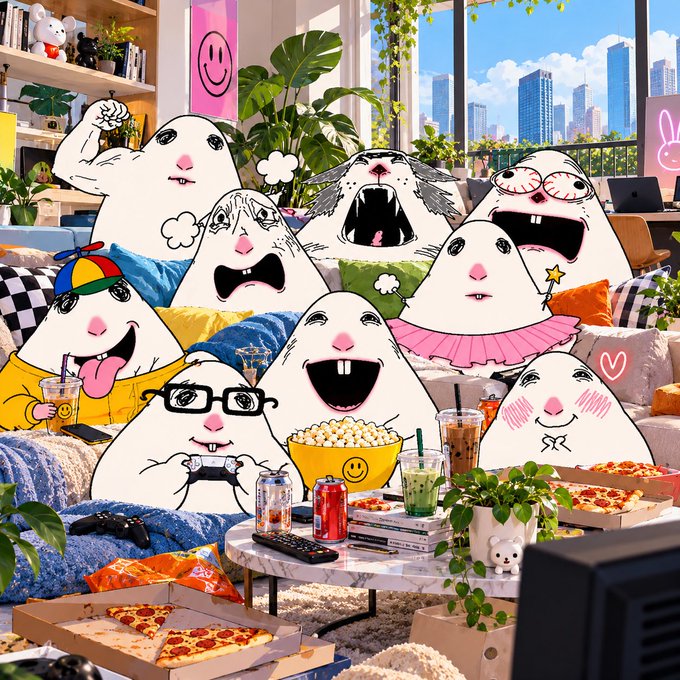 A chaotic, cartoon-style illustration of various white rabbit-like creatures with different expressions lounging on a couch in a modern apartment, surrounded by pizza boxes, popcorn, soda cans, and a city skyline visible through the window.