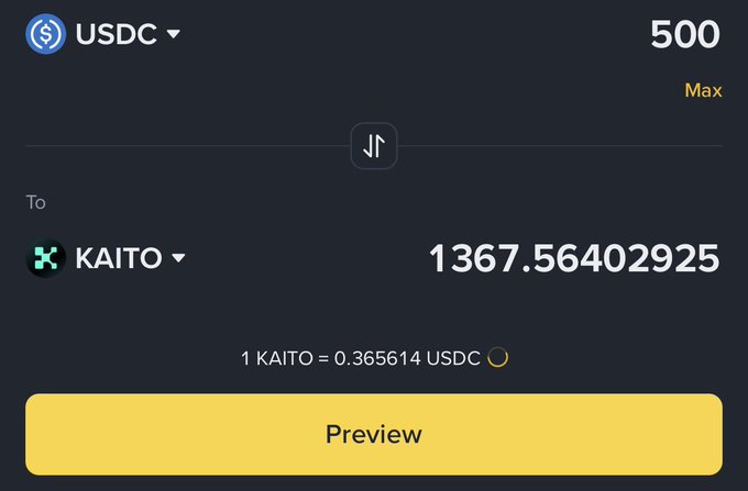 A cryptocurrency swap preview showing 500 USDC being converted into 1,367.56402925 KAITO at a rate of 1 KAITO = 0.365614 USDC, illustrating the $500 KAITO purchase mentioned in the post.