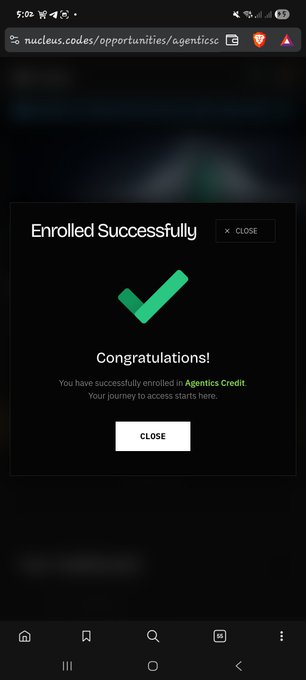 A mobile screenshot shows a confirmation page on nucleus.codes/agentics with a green checkmark and the message 'Enrolled Successfully - Congratulations! You have successfully enrolled in Agentics Credit. Your journey to access starts here.'