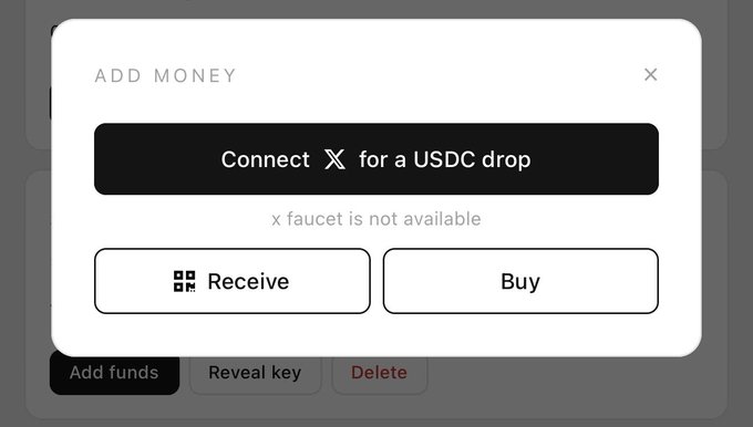 The image shows a crypto wallet interface with an "ADD MONEY" modal displaying a grayed-out "Connect X for a USDC drop" button alongside a message reading "x faucet is not available," supporting the poster's complaint about missing out on MoonPay's USDC airdrop via the X (Twitter) faucet.