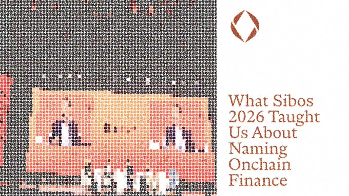 An article graphic with text 'What Sibos 2026 Taught Us About Naming Onchain Finance' next to a pixelated image of a stage.