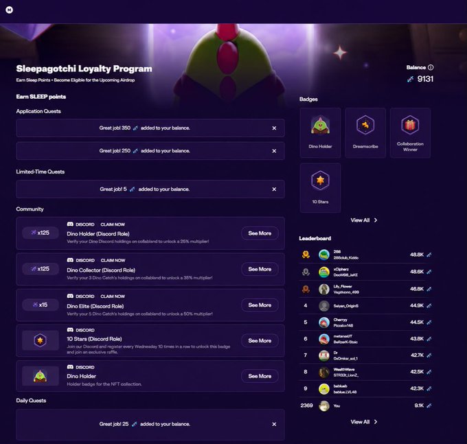 A screenshot of the 'Sleepagotchi Loyalty Program' dashboard showing a Sleep Points balance of 9131, various quests, badges, and a leaderboard with cryptocurrency wallet names.