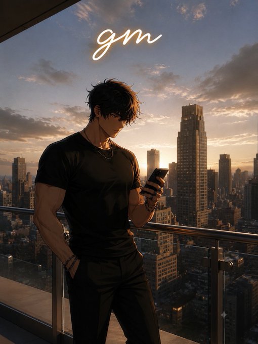 An anime-style young man in black stands on a high-rise balcony at sunrise, casually checking his phone overlooking a sprawling city skyline, with "gm" written in glowing script above him—mirroring the post's "good morning" greeting and capturing the disciplined, early-morning grind mindset of doing quiet research before the market gets exciting.
