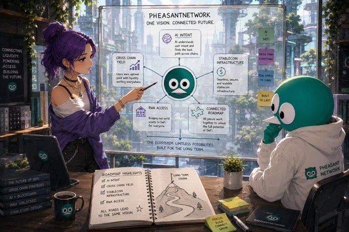 An anime-style illustration depicting a Pheasant Network presentation with a purple-haired character explaining ecosystem features like AI Intent, Cross Chain Yield, and Stablecoin Infrastructure to a green-masked figure.