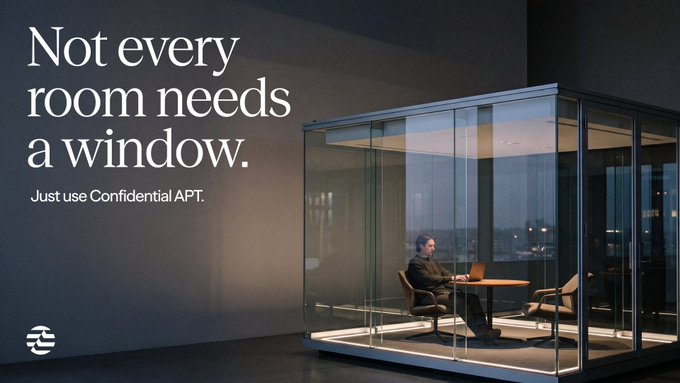 A man works on a laptop inside a glass-walled room with the tagline "Not every room needs a window. Just use Confidential APT" — visually reinforcing the post's message that Confidential $APT restores privacy in a transparent blockchain world by providing walls that actually conceal.