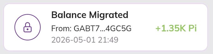 A notification showing "Balance Migrated" of +1.35K Pi from address GABT7...4GC5G on 2026-05-01 21:49, confirming the user's successful second Pi Network migration as described in the post.
