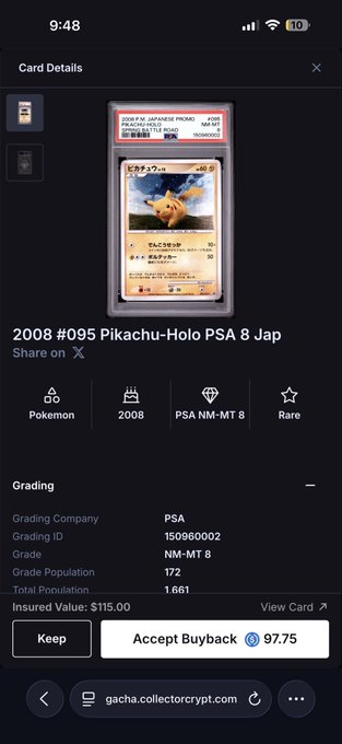 A mobile screen displaying a card details page for a graded Pokemon card: '2008 #095 Pikachu-Holo PSA 8 Jap', with an insured value of $115.00 on gacha.collectorcrypt.com.