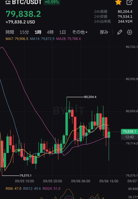A cryptocurrency trading chart showing BTC/USDT at $79,838.2 (+0.09%) with candlestick patterns, moving averages (MA7, MA14, MA28), and RSI indicators on the Bybit platform.