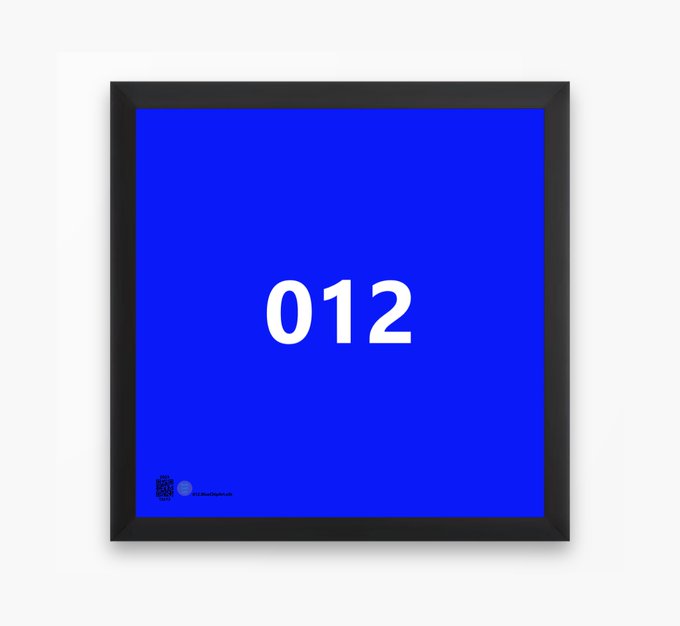 A framed blue poster displaying the number '012' in white text.