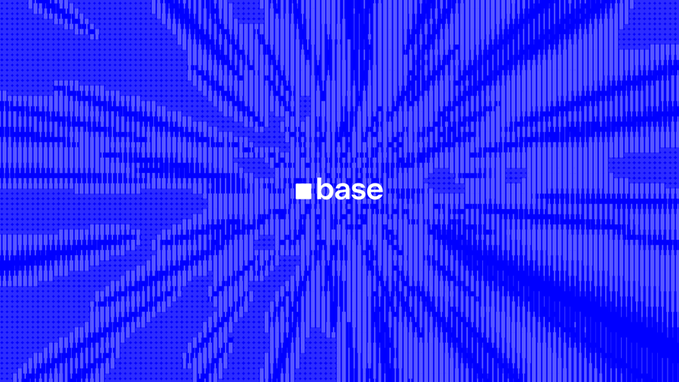 The image features a blue pixelated radiating pattern resembling digital price bars or trading data bursts, with a small centered text "base" next to a square logo, visually tying into the post's theme of Base's 24/7 on-chain stock trading that operates beyond Wall Street's closing hours.