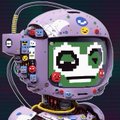A pixel-art rendering of an astronaut helmet with a digital face display showing pixelated eyes and a smile.