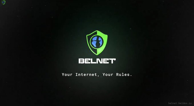 The image displays the BelNet logo—a green shield containing a globe icon—along with the tagline "Your Internet, Your Rules" on a dark background, with the website "belnet.beldex.io" in the corner. This visually supports the post about BelNet's Split Tunneling feature, which lets users select which apps use the VPN for security while others bypass it for bandwidth efficiency.