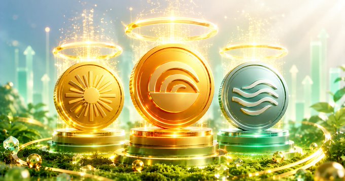 The image features three golden coins, each with a different symbol on them - a sun, an arrow pointing upwards, and a blue circle with a wave inside of it. The coins are placed on pedestals or stands, creating a sense of balance in the composition. The background is a green color that complements the gold of the coins and adds to the overall visual appeal of the image.