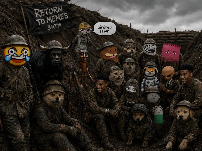 A wartime-style meme image depicting a trench full of famous meme characters (Doge, Wojak, crying-laughing emoji, etc.) in soldier uniforms, with a "RETURN TO MEMES SRTM" flag and a speech bubble reading "airdrep sewn."