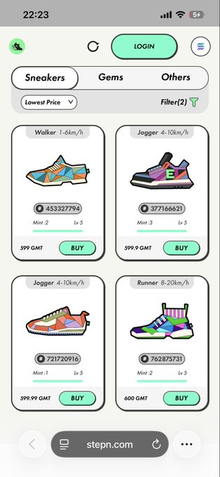 The image shows a screenshot of an app store page for sneakers, displaying various shoe styles available for purchase. The app features a user-friendly interface with a green background and white text, making it easy to navigate through the different options. There are four distinct pairs of shoes displayed on the screen, each with unique colors and designs. The app also provides information about the price of each pair, as well as the shipping cost for international purchases.