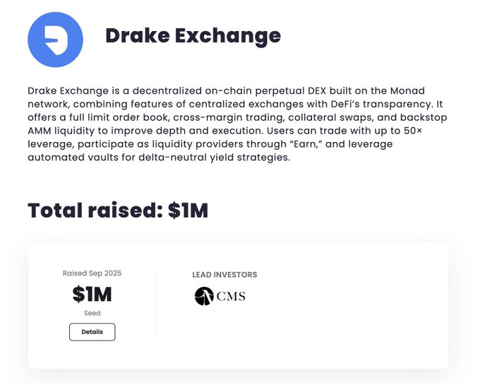 Drake Exchange, a decentralized on-chain perpetual DEX built on the Monad network, raised $1M in seed funding (Sept 2025) led by CMS. The image supports the accompanying post announcing the live whitelist for the platform, which combines CeFi features with DeFi transparency, offering up to 50× leverage and backstop AMM liquidity for users.