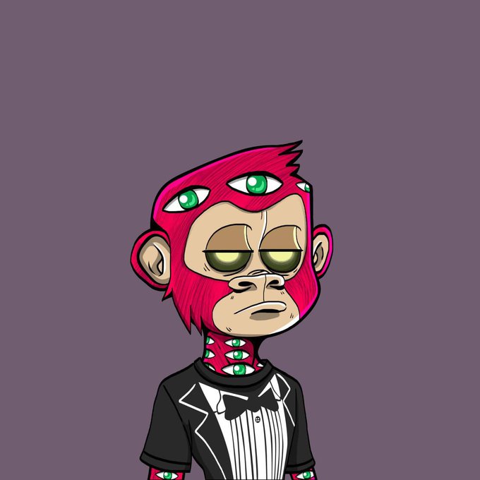 A digital illustration of a cartoon monkey with bright pink fur, multiple green eyes, and a tired expression, wearing a black tuxedo with a bowtie, set against a gray background—fitting as a quirky NFT-style character being minted in the ApeChain collection.