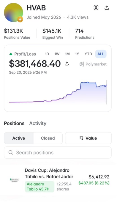 A Polymarket profile for user 'HVAB' showing a total Profit/Loss of $381,468.40, with $131.3K positions value and 714 predictions.
