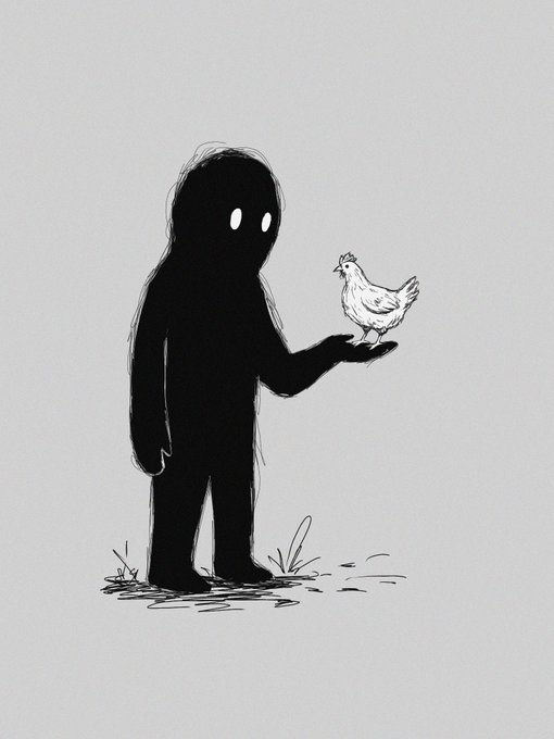 A minimalist drawing of a black shadowy figure with white eyes holding a white chicken in its outstretched hand against a plain background.