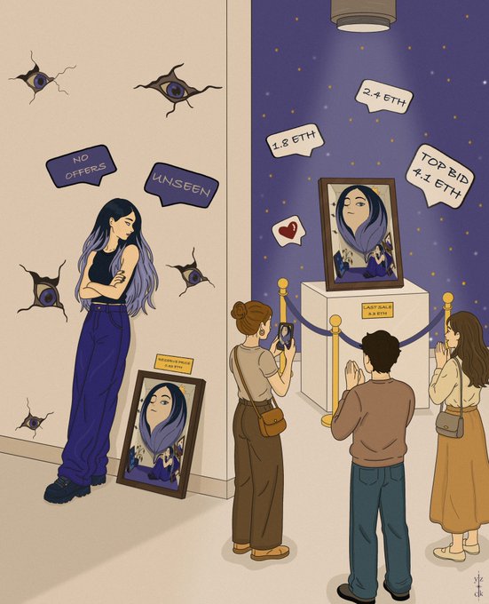 An illustration showing a gallery scene where people are observing a framed portrait of a woman; the artwork is on display with signs reading 'NO OFFERS', 'UNSEEN', '1.8 ETH', '2.4 ETH', and 'TOP BID 4.1 ETH'.