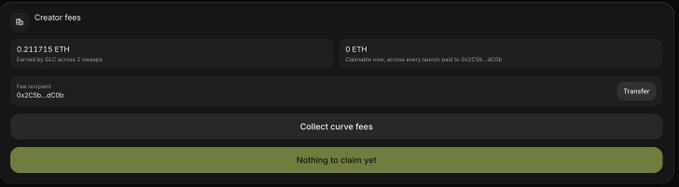 The screenshot shows a "Creator fees" dashboard displaying 0.211715 ETH earned by the address 0x2C16...dC0b across 2 sweeps, with 0 ETH claimable and an option to "Collect curve fees." This relates to the user's post about earning around $400-700 from multiple accounts, where they mention adjusting the creator tax to %2 and developer buy to 0, likely referring to configuring these settings for their memecoin to maximize creator fee earnings shown in the panel.