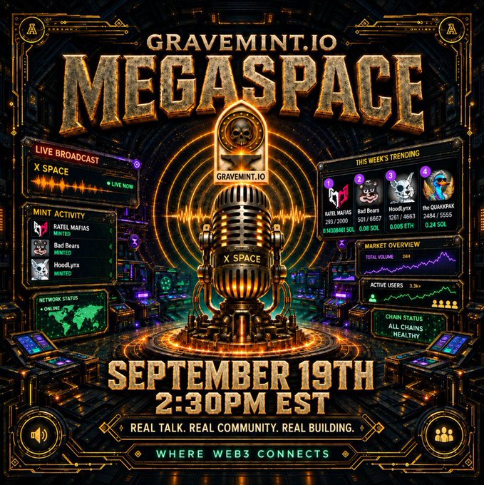 A promotional graphic for 'GRAVEMINT.IO MEGASPACE' featuring a golden skull microphone, with details for September 19th at 2:30PM EST, mentioning 'REAL TALK. REAL COMMUNITY. REAL BUILDING.' and 'WHERE WEB3 CONNECTS'.