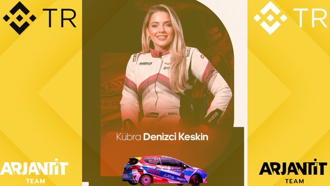 The image features Turkish rally driver **Kübra Denizci Keskin** in her racing suit, smiling confidently with the text "Kubra Denizci Keskin" displayed below her, alongside a colorful blue and pink rally car. The graphic is branded with **Binance TR** and **Arjanit Team** logos on a yellow geometric background, connecting to her Barum Czech Rally Zlín podium finish as a Binance TR-sponsored athlete.