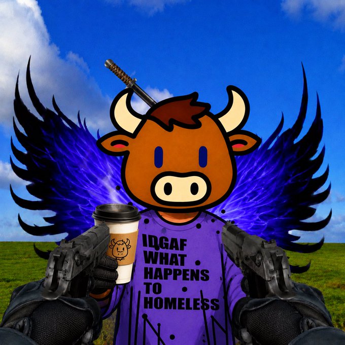 A meme-style image showing a cartoon cow head with a knife through it, wearing a purple shirt that reads 'IDGAF WHAT HAPPENS TO HOMELESS', holding a coffee cup, with purple wings and black-gloved hands holding guns, set against a blue sky and green field.