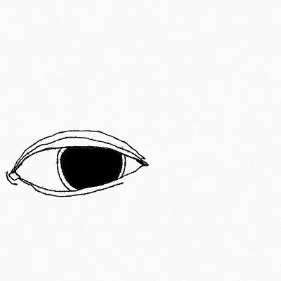 A simple black ink sketch of a single eye with a large dark pupil on a white background. The minimalist, hand-drawn eye illustration serves as the digital artwork "the beast of the burgeon - rose" recently collected by the user on objkt.com.