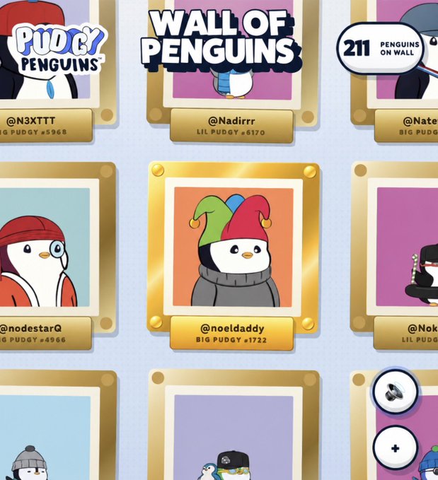 A screenshot from the Pudgy Penguins 'Wall of Penguins' NFT display, showing 211 Penguins on Wall, featuring profiles like @Nadirr (Lil Pudgy #6170) and @noeldaddy (Big Pudgy #1722).