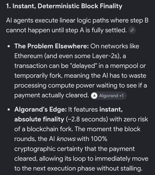 An informational graphic titled '1. Instant, Deterministic Block Finality' explaining how AI agents execute linear logic paths on Algorand with ~2.8 second finality, contrasting it with delayed transactions on Ethereum and Layer-2s.