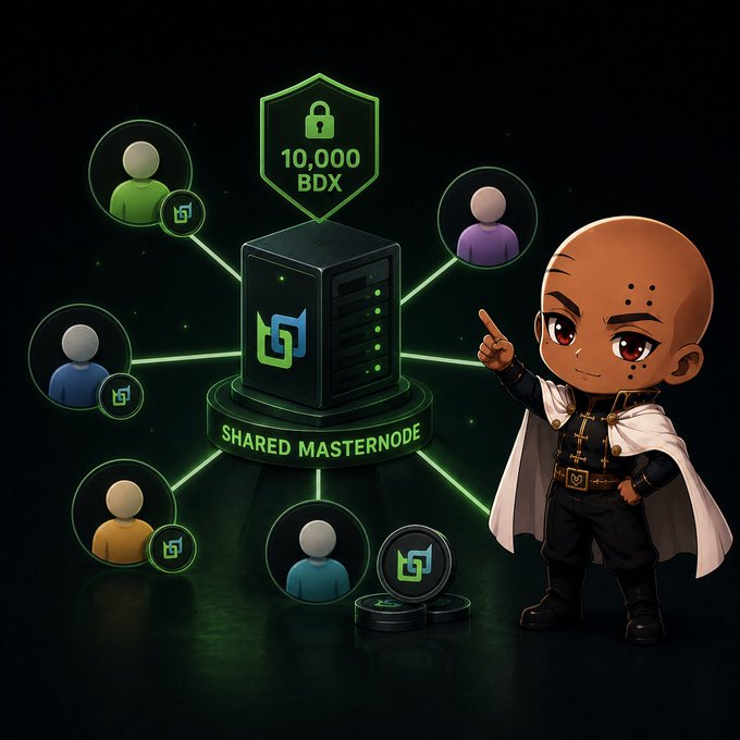 A digital illustration promoting a Shared Masternode offering for the cryptocurrency BDX, depicting an animated character pointing to a network diagram of users connected to a central server.
