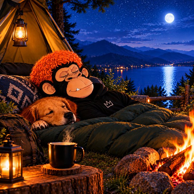 A stylized cartoon scene shows a person and a dog sleeping in a green sleeping bag beside a campfire, with lanterns, a tent, a lake, mountains, stars, and a full moon in the background.